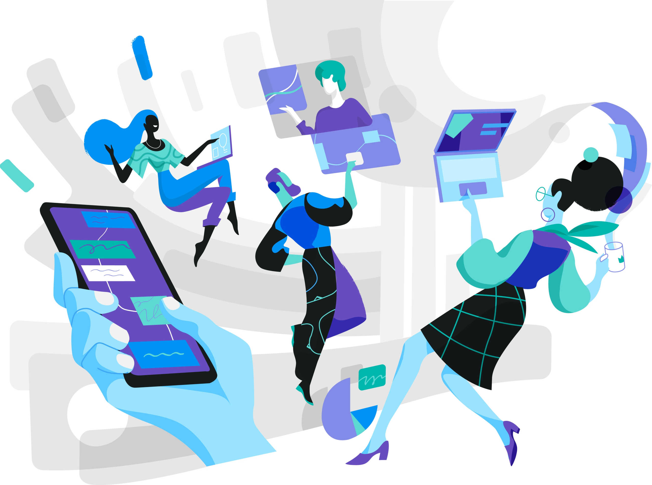 A graphic illustration of various workers using their electronic devices to complete their work