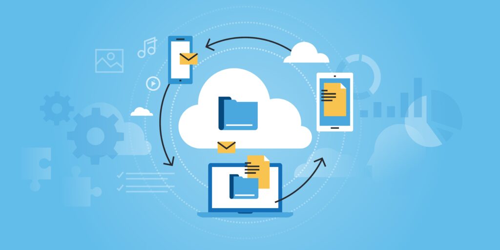 A graphic image showing the workflow flow from a computer to a tablet to a cell phone, all in one software