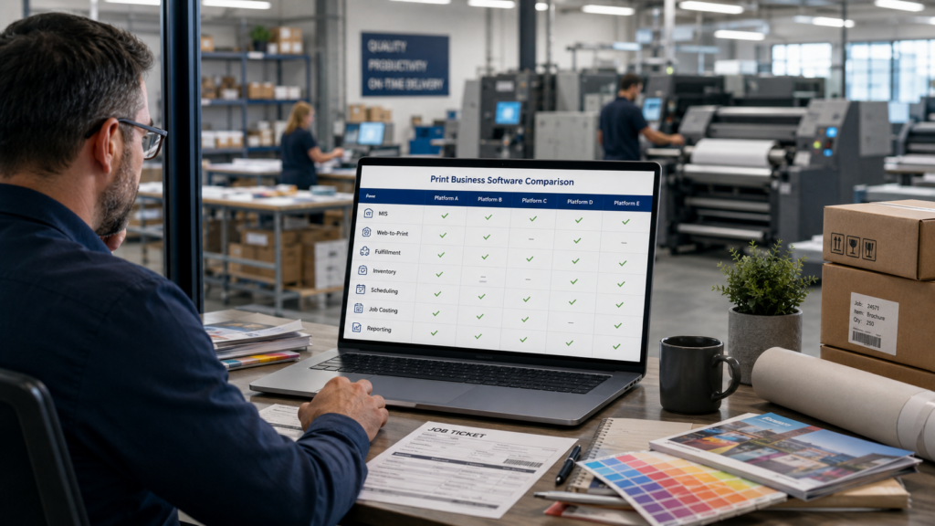 Production manager comparing print business software platforms for estimating, scheduling, inventory, fulfillment, and online ordering
