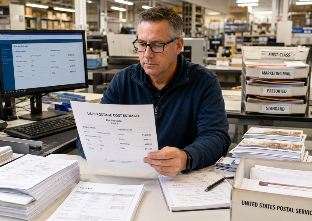Mail shop manager reviewing July 2026 USPS postage rates and direct mail job costs
